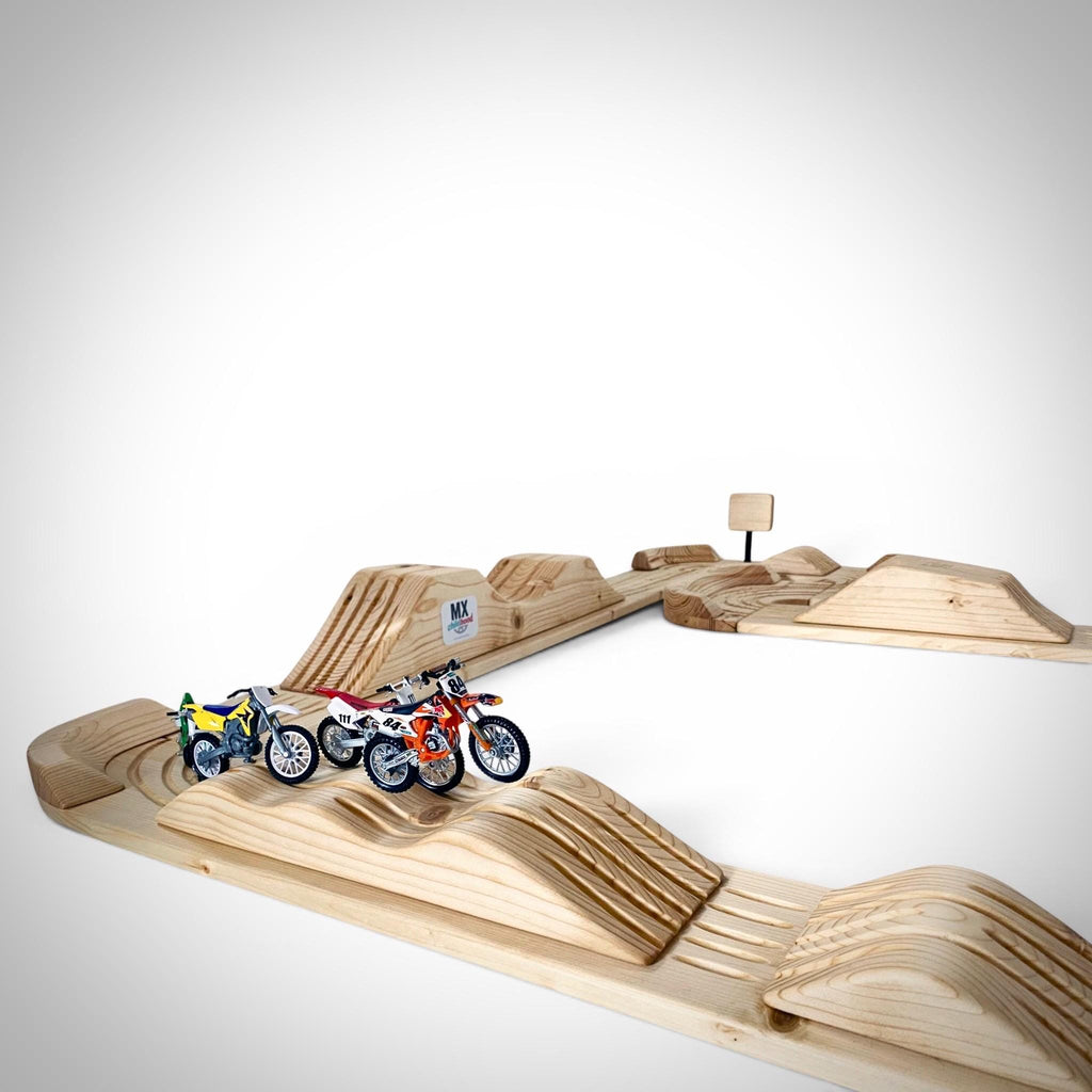 Natural solid wood motocross toy track designed for imaginative play and room decoration.