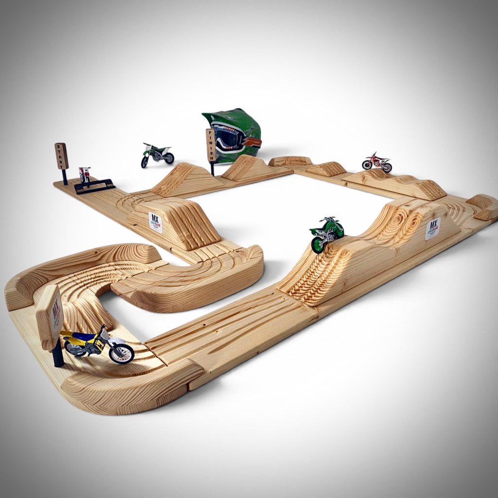Wooden motocross toy track gift for motocross-loving children and collectors.