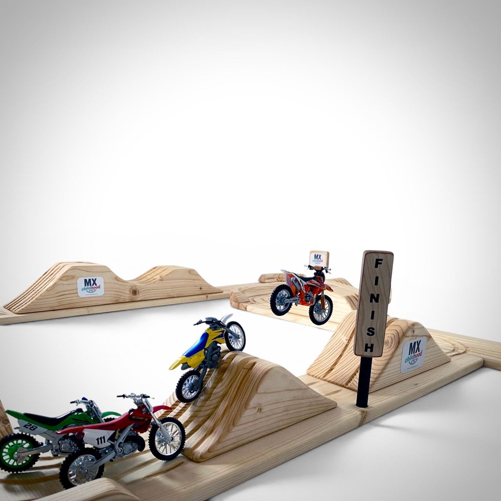 Large handcrafted motocross playset compatible with 1:18 and 1:12 scale dirt bikes.