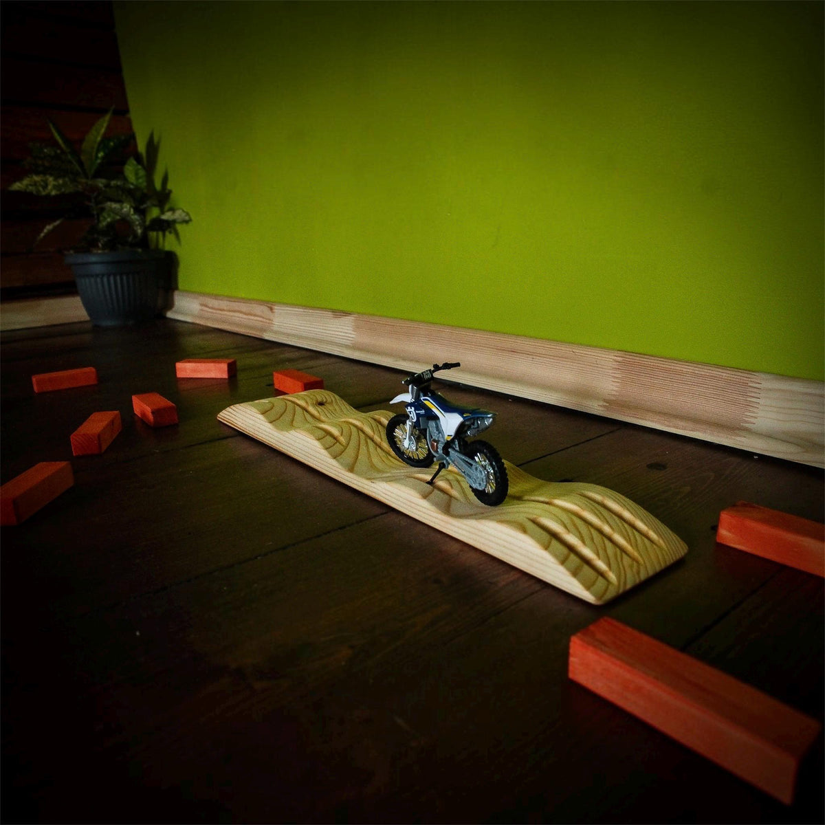 Wooden MX track toy designed for dirt bike and motocross play