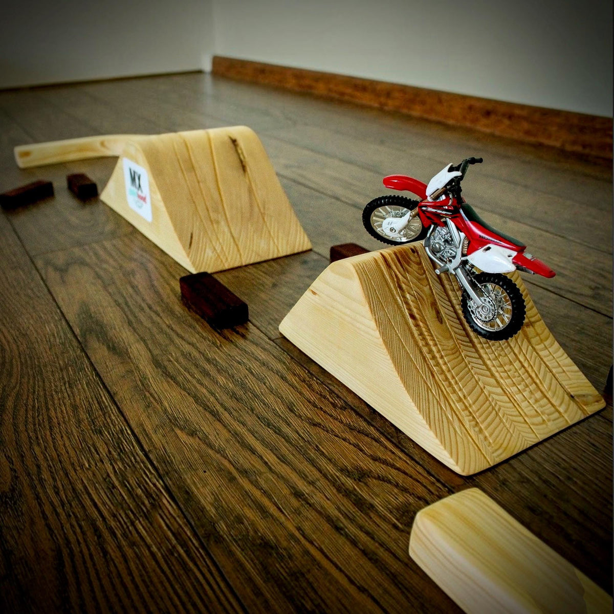 Wooden motocross racing toy for kids, large handmade dirt bike track for young riders and a special Christmas present for 2026.